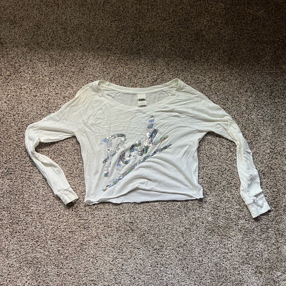 PINK Victoria's Secret White Sequin Logo Sweatshirt